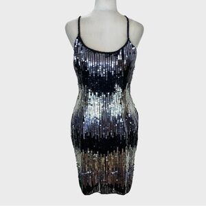 Vintage Swee Lo Black Silver Sequin Abstract Mini Dress Size Small